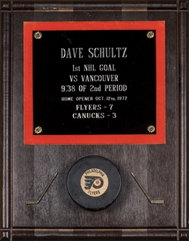 1972 Dave Schultzs  First Career NHL Goal Award Plaque With Puck